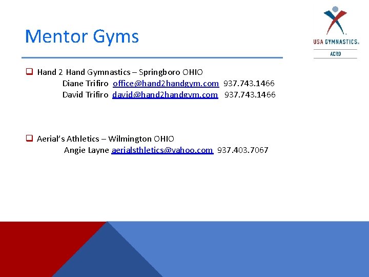 Mentor Gyms q Hand 2 Hand Gymnastics – Springboro OHIO Diane Trifiro office@hand 2