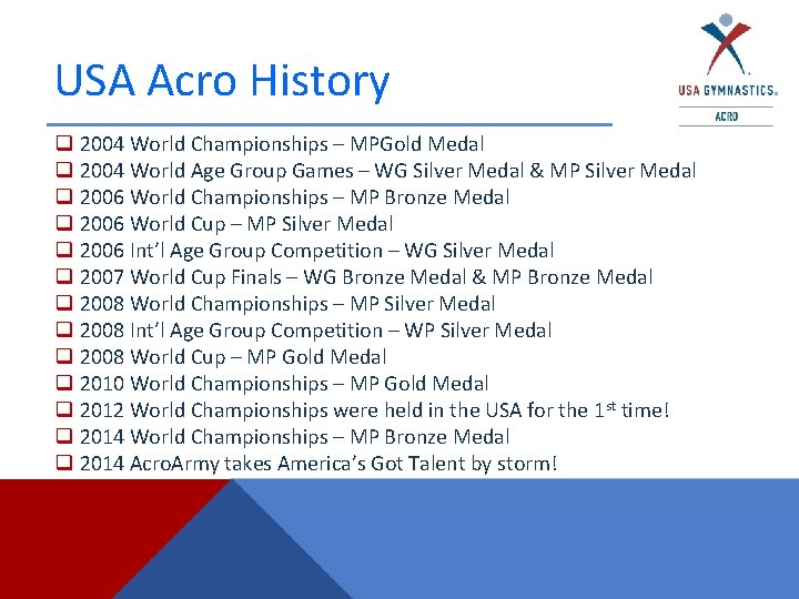 USA Acro History q 2004 World Championships – MPGold Medal q 2004 World Age