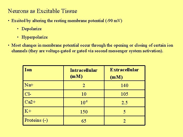 Neurons as Excitable Tissue • Excited by altering the resting membrane potential (-90 m.
