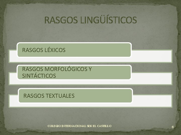 RASGOS LINGÜÍSTICOS RASGOS LÉXICOS RASGOS MORFOLÓGICOS Y SINTÁCTICOS RASGOS TEXTUALES COLEGIO INTERNACIONAL SEK EL