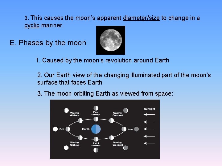 3. This causes the moon’s apparent diameter/size to change in a cyclic manner. E.