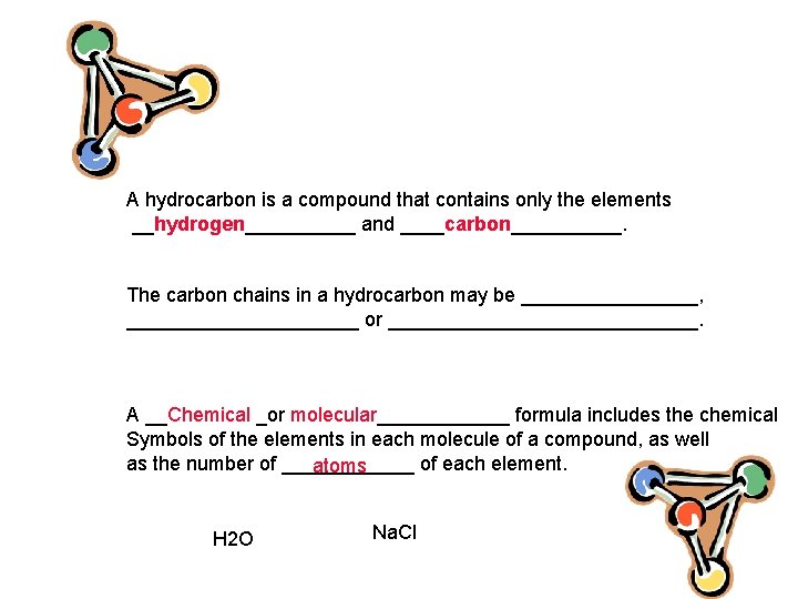 A hydrocarbon is a compound that contains only the elements __hydrogen_____ and ____carbon_____. The