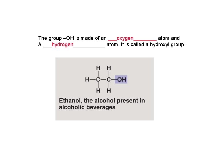 The group –OH is made of an ___oxygen____ atom and A ___hydrogen______ atom. It