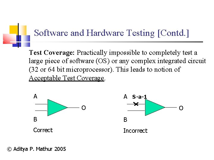 Software and Hardware Testing [Contd. ] Test Coverage: Practically impossible to completely test a