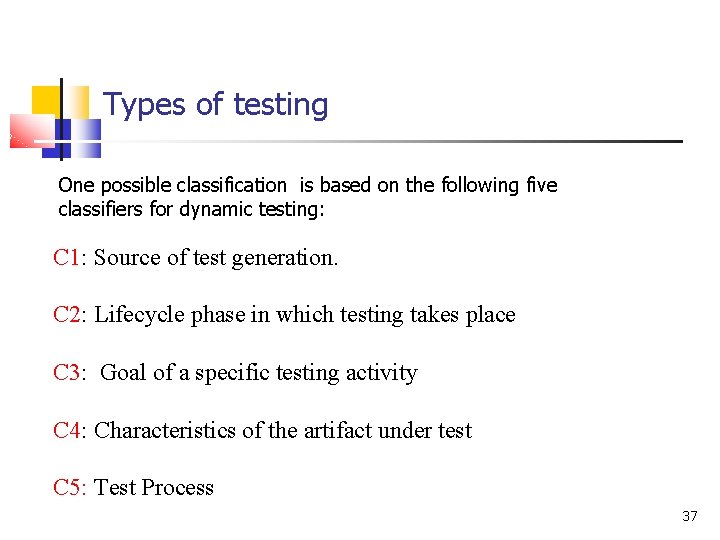 Types of testing One possible classification is based on the following five classifiers for