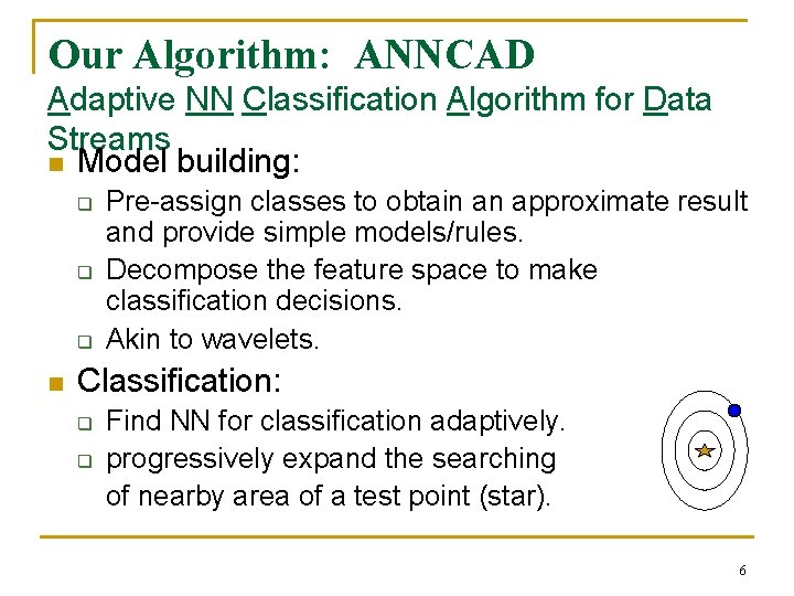 Our Algorithm: ANNCAD Adaptive NN Classification Algorithm for Data Streams n Model building: q