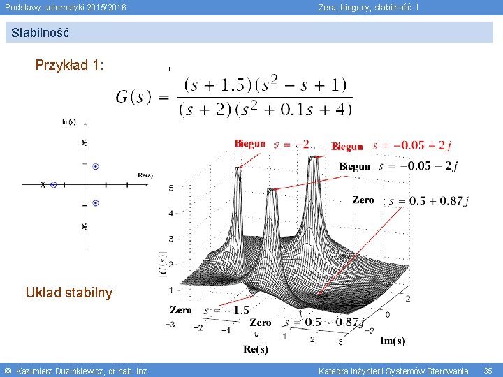 Podstawy automatyki 2015/2016 Zera, bieguny, stabilność I Stabilność Przykład 1: Układ stabilny © Kazimierz