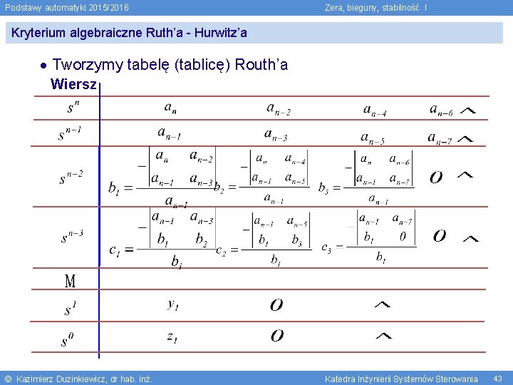 Podstawy automatyki 2015/2016 Zera, bieguny, stabilność I Kryterium algebraiczne Ruth’a - Hurwitz’a Tworzymy tabelę