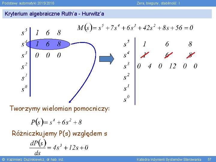 Podstawy automatyki 2015/2016 Zera, bieguny, stabilność I Kryterium algebraiczne Ruth’a - Hurwitz’a Tworzymy wielomian