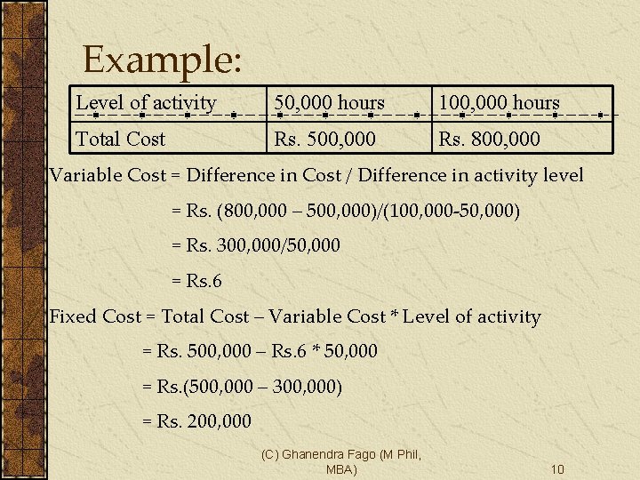 Example: Level of activity 50, 000 hours 100, 000 hours Total Cost Rs. 500,