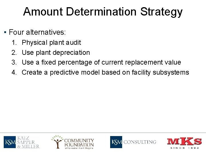 Amount Determination Strategy ▪ Four alternatives: 1. 2. 3. 4. Physical plant audit Use