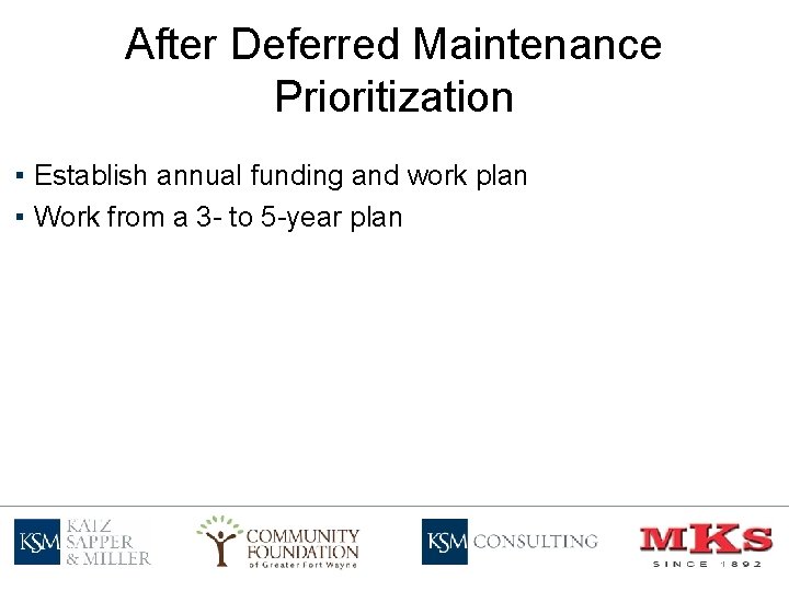 After Deferred Maintenance Prioritization ▪ Establish annual funding and work plan ▪ Work from