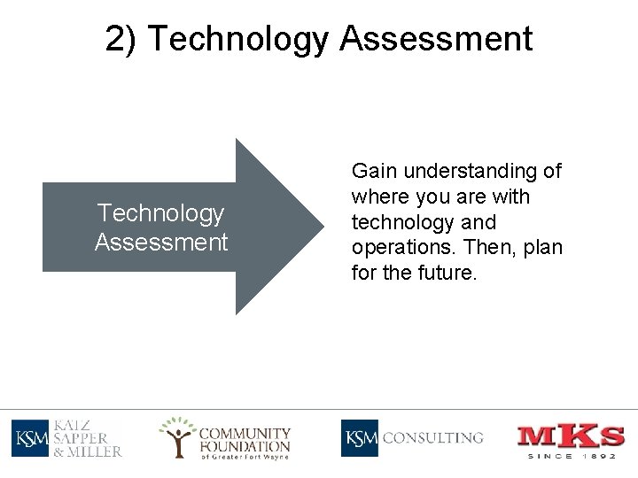 2) Technology Assessment Gain understanding of where you are with technology and operations. Then,