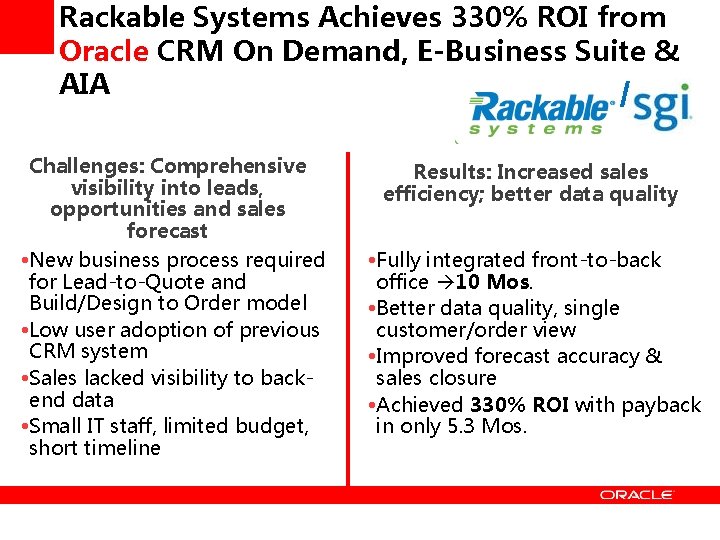 Rackable Systems Achieves 330% ROI from Oracle CRM On Demand, E-Business Suite & AIA