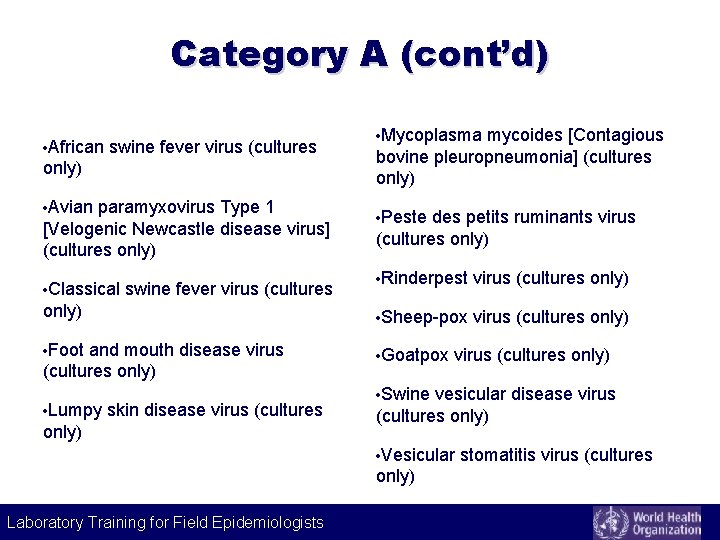 Category A (cont’d) • African swine fever virus (cultures only) • Avian paramyxovirus Type