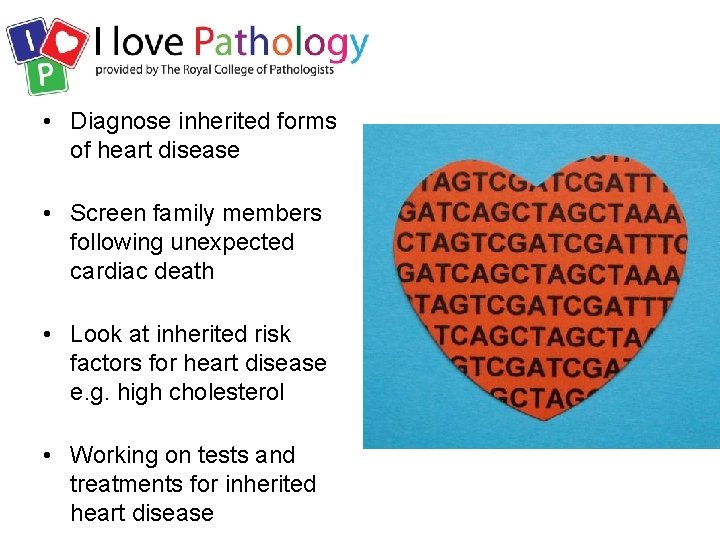 • Diagnose inherited forms of heart disease • Screen family members following unexpected