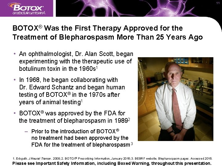 11 BOTOX® Was the First Therapy Approved for the Treatment of Blepharospasm More Than