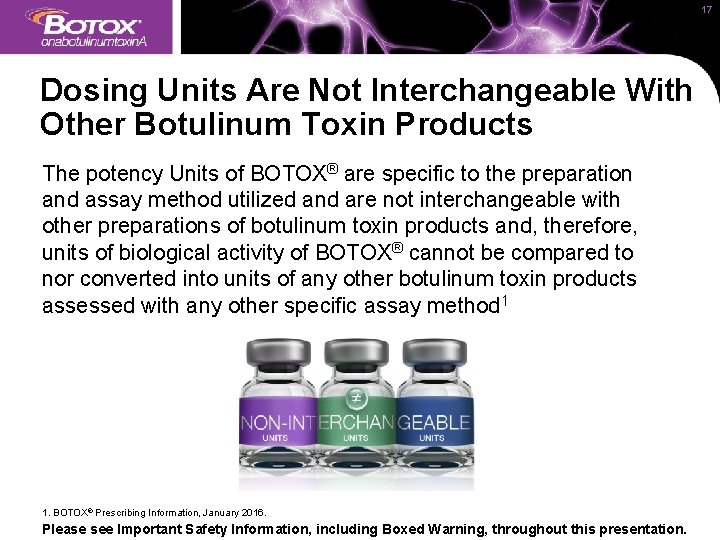 17 Dosing Units Are Not Interchangeable With Other Botulinum Toxin Products The potency Units