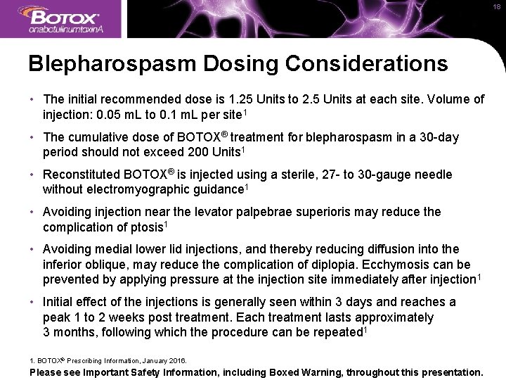 18 Blepharospasm Dosing Considerations • The initial recommended dose is 1. 25 Units to