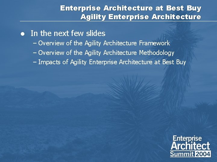 Enterprise Architecture at Best Buy Agility Enterprise Architecture l In the next few slides