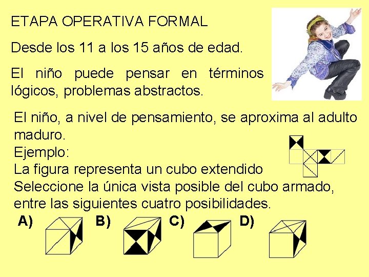 ETAPA OPERATIVA FORMAL Desde los 11 a los 15 años de edad. El niño