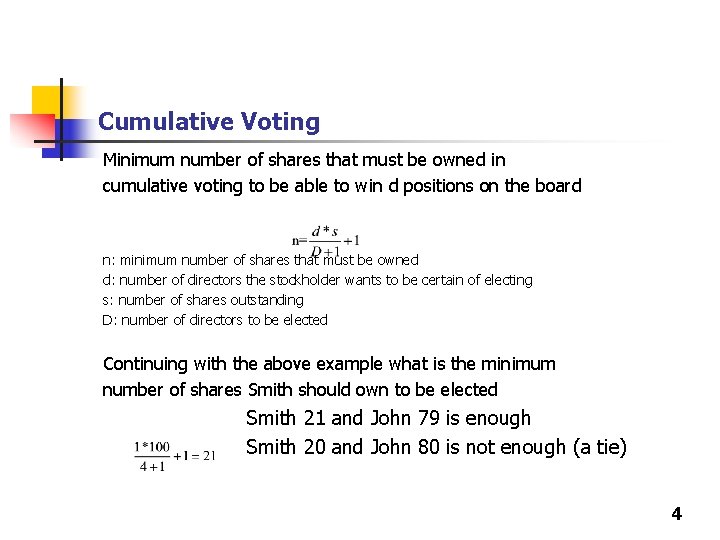 Cumulative Voting Minimum number of shares that must be owned in cumulative voting to