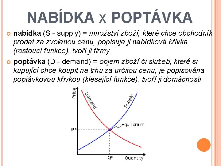 NABÍDKA X POPTÁVKA nabídka (S - supply) = množství zboží, které chce obchodník prodat