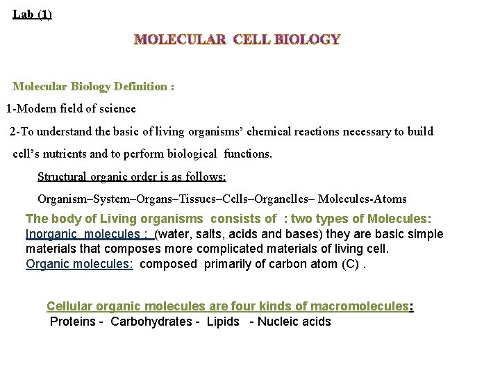 Lab (1) Molecular Biology Definition : 1 -Modern field of science 2 -To understand