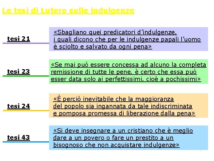 Le tesi di Lutero sulle indulgenze tesi 21 «Sbagliano quei predicatori d’indulgenze, i quali