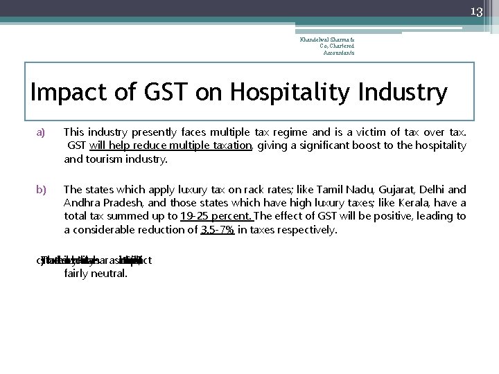 13 Khandelwal Sharma & Co, Chartered Accountants Impact of GST on Hospitality Industry a)