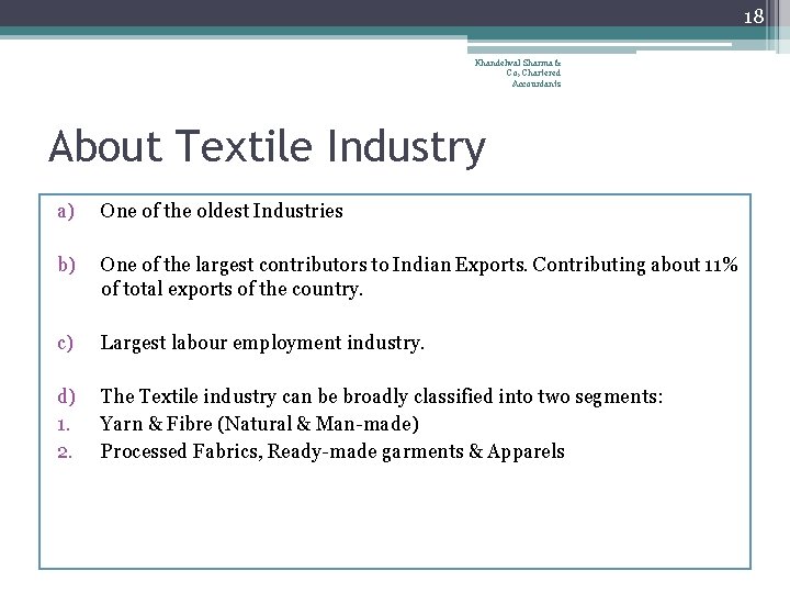 18 Khandelwal Sharma & Co, Chartered Accountants About Textile Industry a) One of the