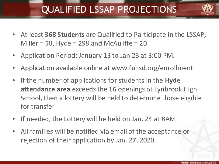QUALIFIED LSSAP PROJECTIONS • At least 368 Students are Qualified to Participate in the