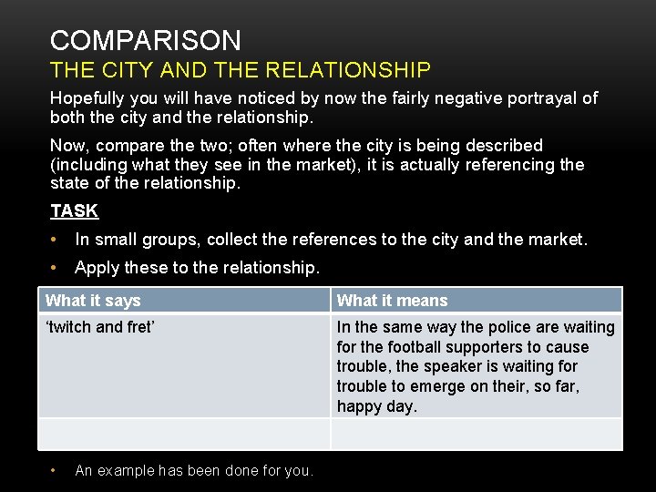 COMPARISON THE CITY AND THE RELATIONSHIP Hopefully you will have noticed by now the