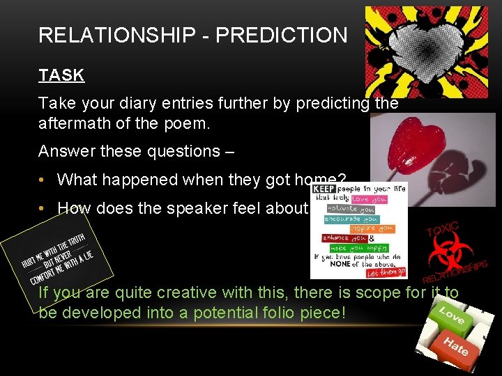 RELATIONSHIP - PREDICTION TASK Take your diary entries further by predicting the aftermath of