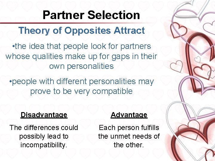 Partner Selection Theory of Opposites Attract • the idea that people look for partners