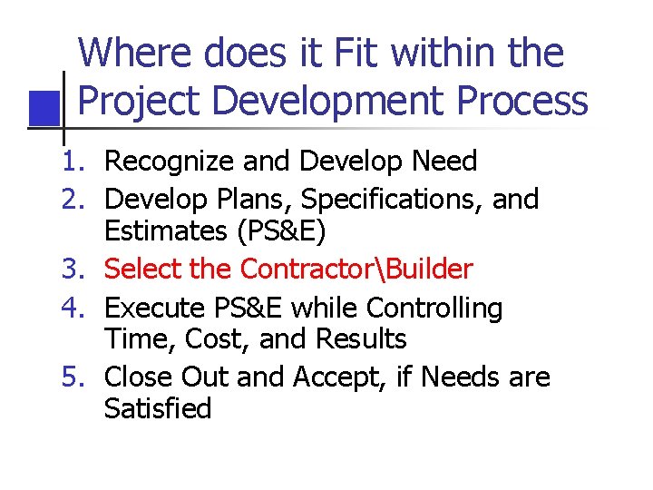 Where does it Fit within the Project Development Process 1. Recognize and Develop Need