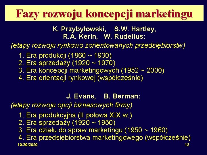 Fazy rozwoju koncepcji marketingu K. Przybyłowski, S. W. Hartley, R. A. Kerin, W. Rudelius: