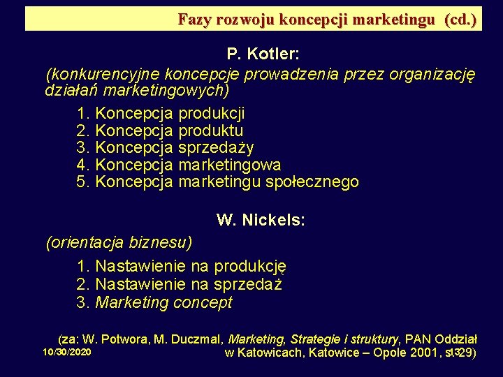 Fazy rozwoju koncepcji marketingu (cd. ) P. Kotler: (konkurencyjne koncepcje prowadzenia przez organizację działań