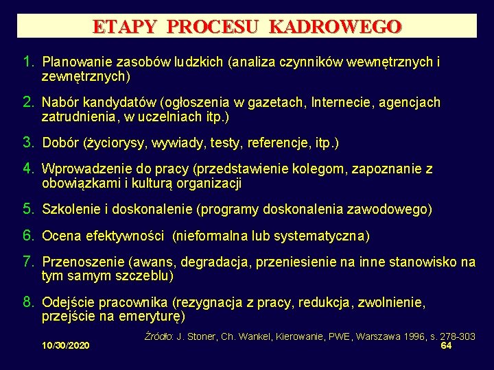 ETAPY PROCESU KADROWEGO 1. Planowanie zasobów ludzkich (analiza czynników wewnętrznych i zewnętrznych) 2. Nabór