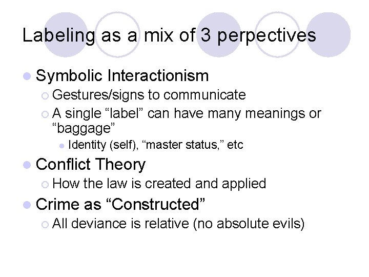 Labeling as a mix of 3 perpectives l Symbolic Interactionism ¡ Gestures/signs to communicate