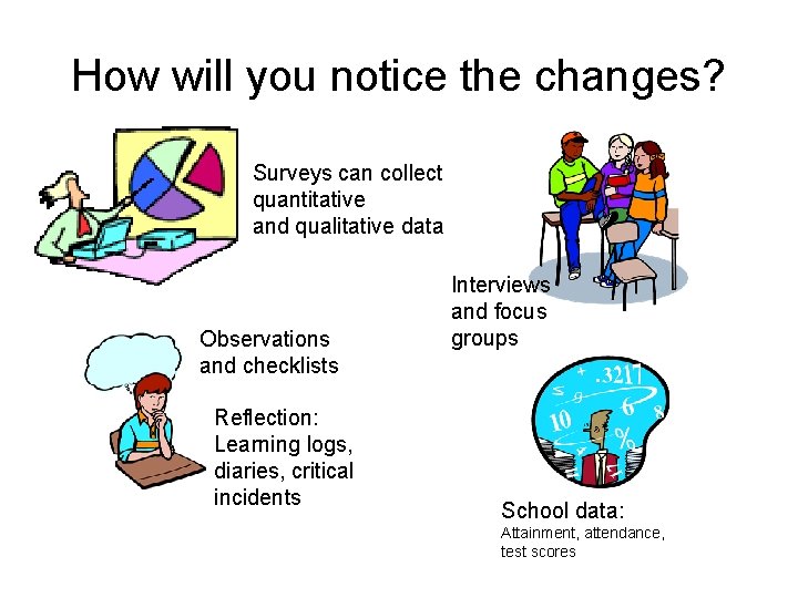 How will you notice the changes? Surveys can collect quantitative and qualitative data Observations