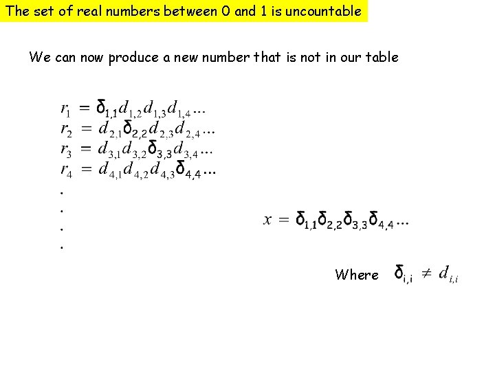 The set of real numbers between 0 and 1 is uncountable We can now