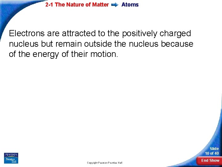 2 -1 The Nature of Matter Atoms Electrons are attracted to the positively charged