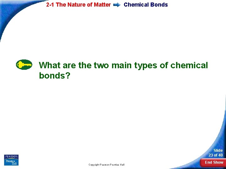 2 -1 The Nature of Matter Chemical Bonds What are the two main types