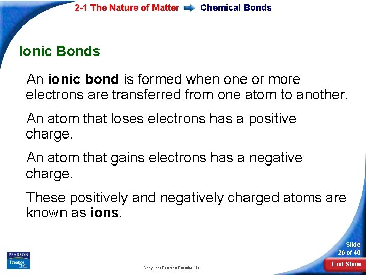 2 -1 The Nature of Matter Chemical Bonds Ionic Bonds An ionic bond is