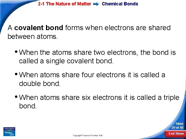 2 -1 The Nature of Matter Chemical Bonds A covalent bond forms when electrons
