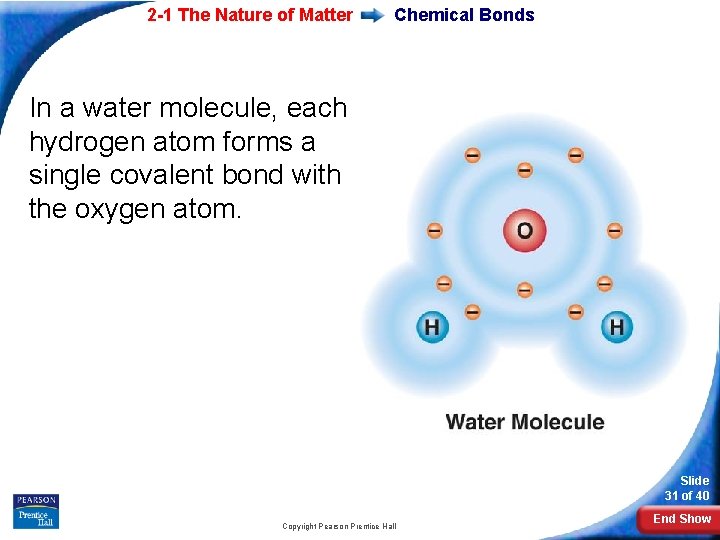 2 -1 The Nature of Matter Chemical Bonds In a water molecule, each hydrogen