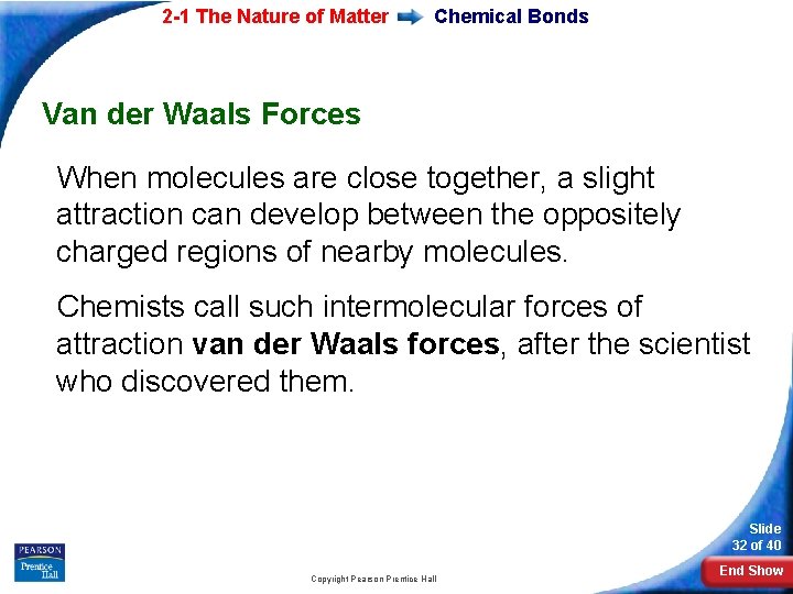 2 -1 The Nature of Matter Chemical Bonds Van der Waals Forces When molecules