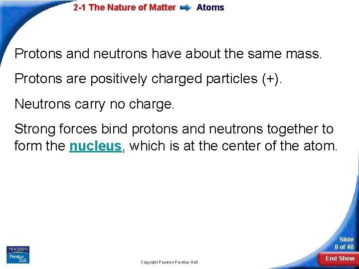 2 -1 The Nature of Matter Atoms Protons and neutrons have about the same