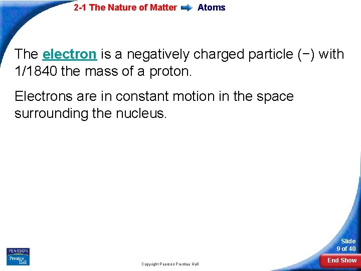 2 -1 The Nature of Matter Atoms The electron is a negatively charged particle